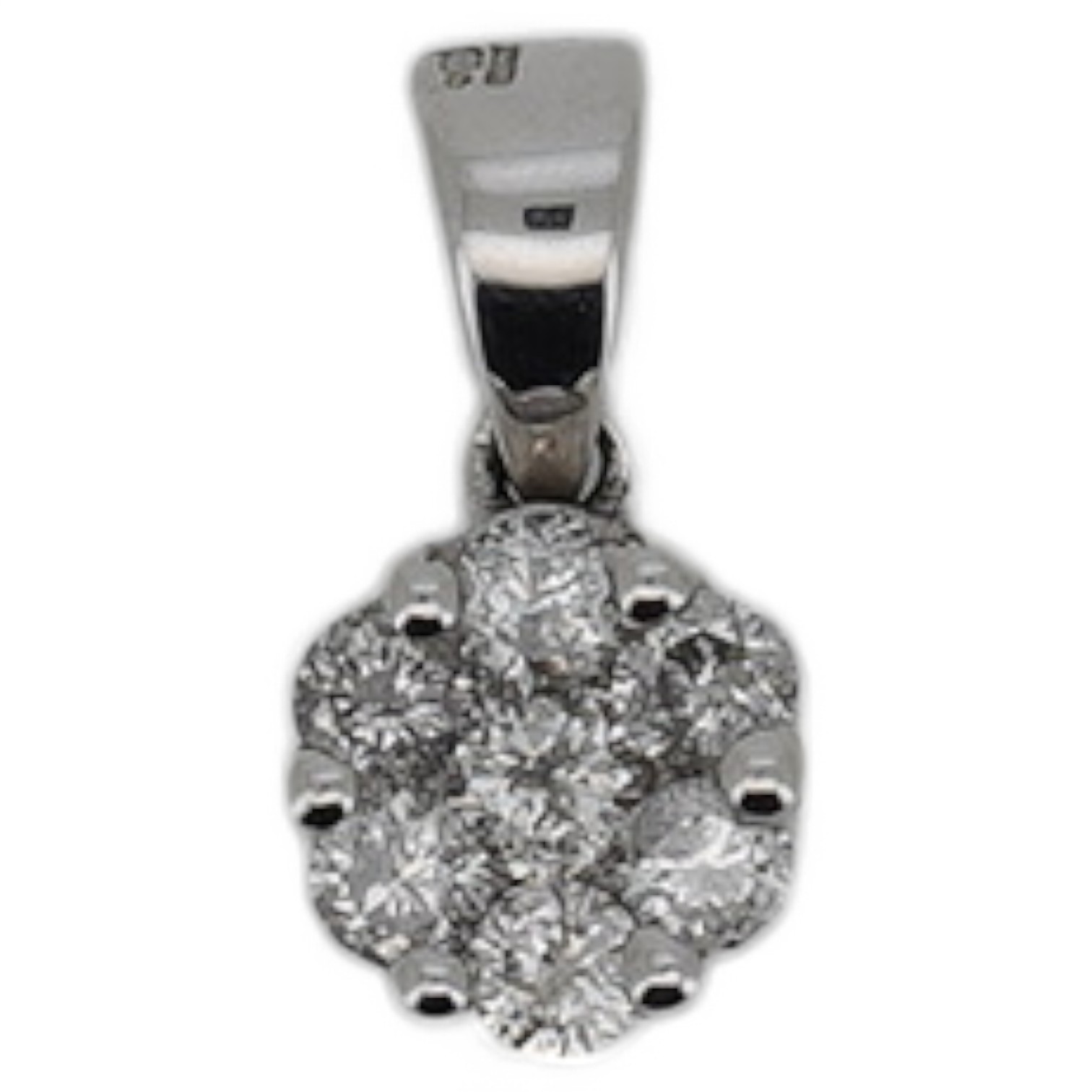 A modern 9kt white metal and seven stone diamond set circular cluster pendant, total diamond weight 0.50ct, overall 14mm, gross weight 1.2 grams. Condition - good